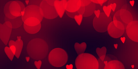 Dark red texture background for Valentines day. Copy space with red hearts bokeh lights