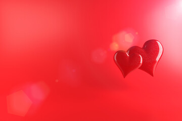 Fototapeta na wymiar Two red hearts on a red background as an illustration for Valentine's Day, wedding or Women's Day. Romantic template for postcard or announcement. 3D render, copy space