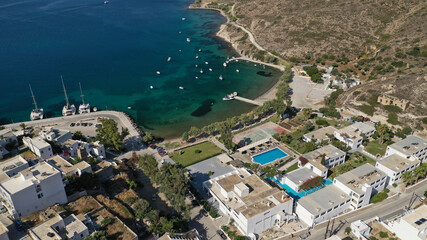 Aerial drone photo of picturesque village of Adamantas main port a natural calm sea bay and safe...