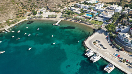 Aerial drone photo of picturesque village of Adamantas main port a natural calm sea bay and safe...