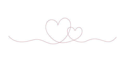 Fototapeta premium Two abstract silhouette hearts in pink color drawn by one line. Romantic sketch. Continuous line drawing love symbol. Decoration element for valentine, wedding, invitation card. Vector illustration.