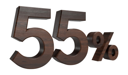 Isolated Wooden Textured Three Dimensional Alphabet 55%, 3D Render Illustration.