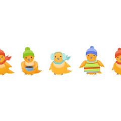 Seamless border with cute birds in cold season. Kids print background.