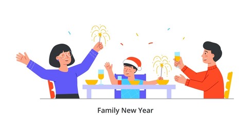 Family New Year concept. Young parents celebrate holiday with their little son. Boy, woman and man sitting at table, drinking juice and holding sparklers. Fun and joy. Cartoon flat vector illustration