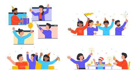 Set of happy people gathering together at holiday party. Young Men, women, friends and families relaxing and having fun. Offline entertainment or online meeting. Cartoon flat vector collection