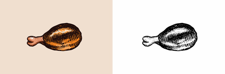 Grilled meat, bbq chicken leg. Barbecue food in vintage style. Templates for restaurant menu, emblems or badges. Hand drawn sketch.