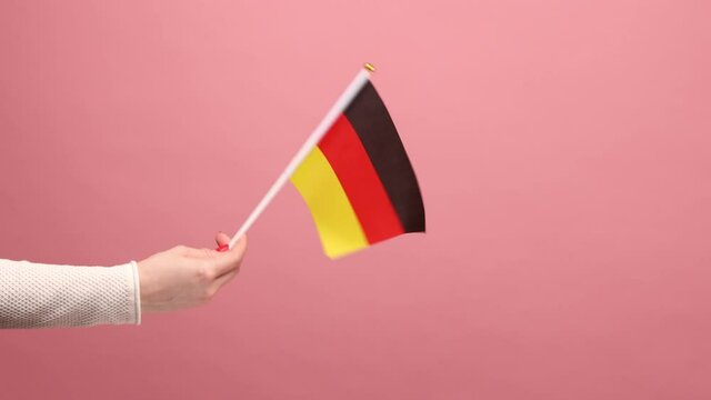 Profile side view closeup of woman hand holding Germany flag, celebrating Day of Germany - 3th October. Indoor studio shot isolated on pink background.