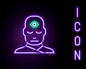 Glowing neon line Man with third eye icon isolated on black background. The concept of meditation, vision of energy, aura. Colorful outline concept. Vector