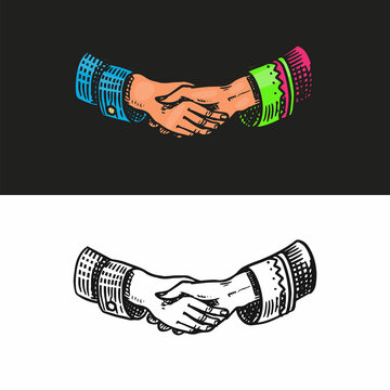 Handshake peoples. Symbol of friendship and partnership. Peace in the world. Hand drawn engraved vintage sketch.
