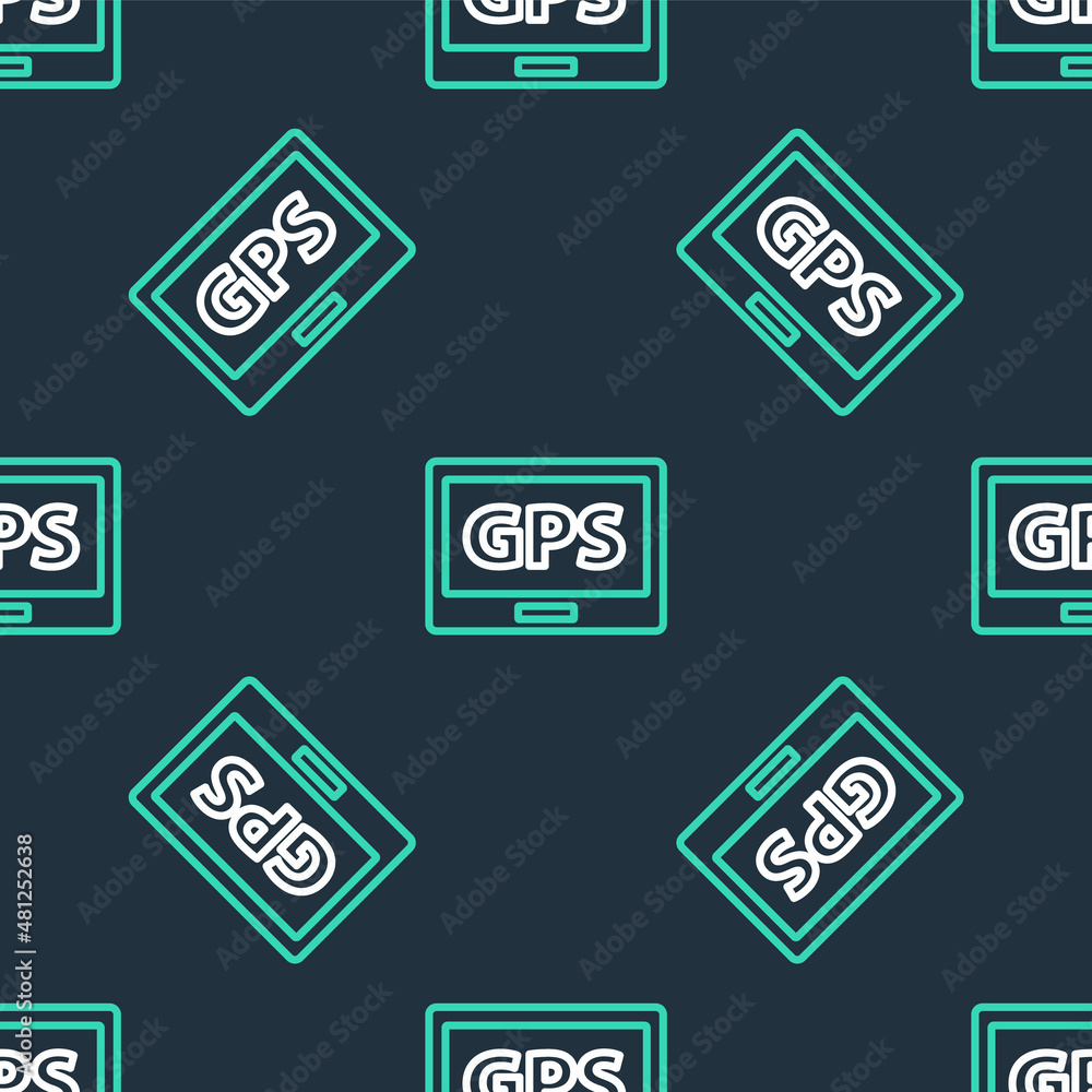 Poster line gps device with map icon isolated seamless pattern on black background. vector