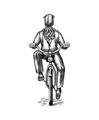 Squid man in a suit rides a bicycle. Octopus or Mollusca. Fashion animal character. Hand drawn woodcut outline sketch. Vector engraved illustration for logo and tattoo or T-shirts.