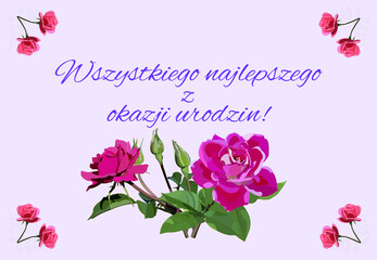Pocztówka z malowanymi kwiatami Wszystkiego najlepszego z okazji urodzin po polsku.