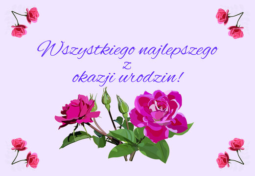Poczt&oacute;wka z malowanymi kwiatami Wszystkiego najlepszego z okazji urodzin po polsku.