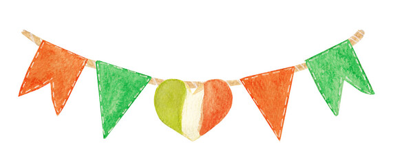 Watercolor garland, flags and heart in Irish colors. Isolated on a white background. Illustration for the Patrick's day