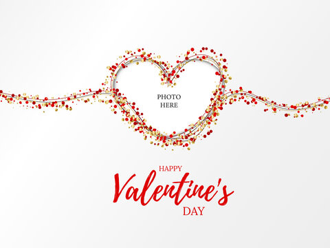Continuous line art heart golden and red confetti texture. Happy Valentine's Day greeting card, photo frame concept design. Vector illustration on white background