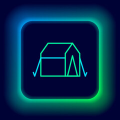 Glowing neon line Tourist tent icon isolated on black background. Camping symbol. Colorful outline concept. Vector