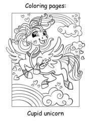 Coloring book page cute flying unicorn with bow