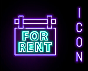 Obraz premium Glowing neon line Hanging sign with text For Rent icon isolated on black background. Signboard with text For Rent. Colorful outline concept. Vector