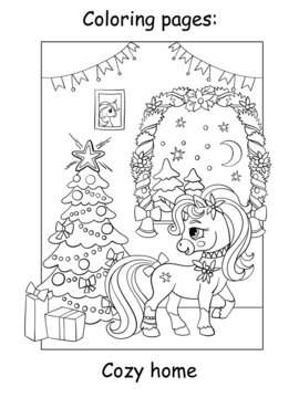 Coloring book page cute unicorn in a cozy house