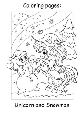 Coloring book page cute unicorn with a snowman