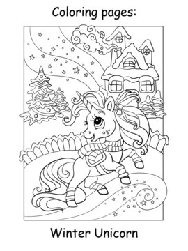 Coloring book page cute unicorn on a winter background