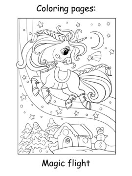 Coloring book page cute christmas flying unicorn