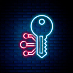 Glowing neon line Cryptocurrency key icon isolated on brick wall background. Concept of cyber security or private key, digital key with technology interface. Colorful outline concept. Vector