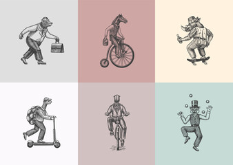Fototapeta na wymiar Cat juggler, turtle on a scooter. Bear, horse, hare, rhinoceros, Squid. Fashion Animal characters set. Hand drawn sketch. Vector engraved illustration for label, logo and T-shirts or tattoo.
