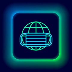 Glowing neon line Earth globe with medical mask icon isolated on black background. Colorful outline concept. Vector