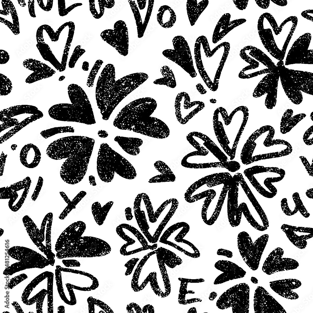 Poster pattern with textured hearts in flower shapes. seamless one color background. repeatable hand drawn 