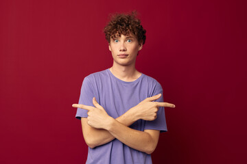 teenager fashion posing hand gestures red background unaltered