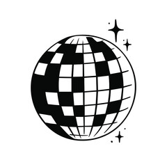 Hand drawn disco ball with reflections vector illustration. Club decoration element. Party sparkling sphere. Design for poster, card, sticker, logo.