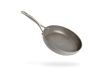 Black frying pan isolated on white background. Frying pan with non-stick coating.Non-stick frying pan made of titanium and granite. Isolate with shadow - obrazy, fototapety, plakaty