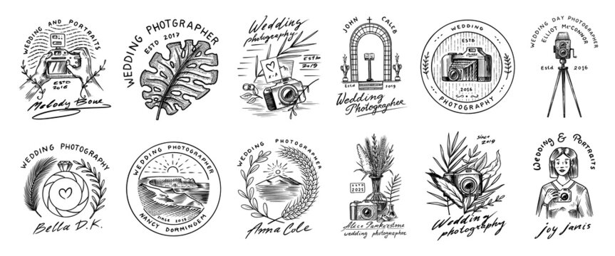 Wedding photographer badges or logos. Photo camera for the holiday. Photography Community. Templates for Retro Studio, vintage store or shop. Hand drawn sketch for postcard, banners. 