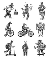 Fox on a bicycle, Cat juggler, turtle on a scooter. Bear, horse, hare, Owl, Squid. Fashion Animal characters set. Hand drawn sketch. Vector engraved illustration for label, logo and T-shirts.