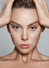 Aesthetic cosmetology, face care. Portrait of beautiful woman with lifting lines on skin