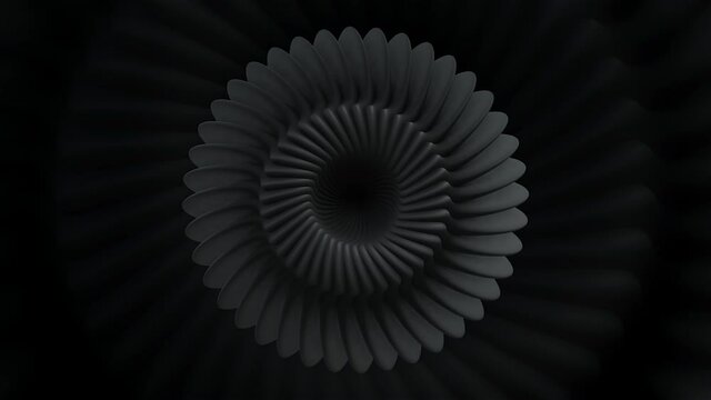 Hypnotic effect with flower moving on a black background. Motion. Psychedelic optical illusion, seamless looping rotating blades.
