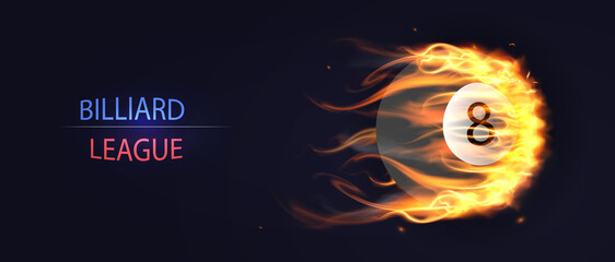 Billiard League concept. Colorful poster with flying black billiard ball with number 8 and inscription. Banner template for sports competitions and events. Cartoon realistic vector illustration