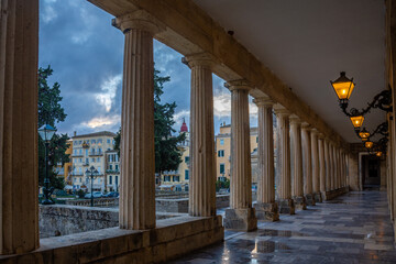 Photo of iconic Colonnade Saint Michel and Saint George Palace in center of old Corfu town, Kerkyra...