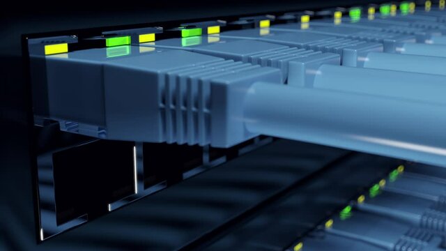 Cloud server room with network switches in the server rack. Hosting data center with communication equipment transfering big data through the internet. Network security with hardware firewall 3d loop.