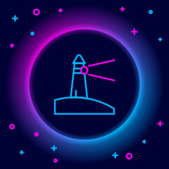 Glowing neon line Lighthouse icon isolated on black background. Colorful outline concept. Vector