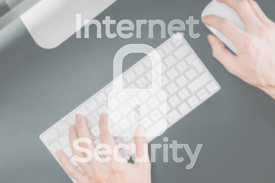 Internet protection. Security computer Data symbol on blured keyboard background. System Shield Protection Verification.