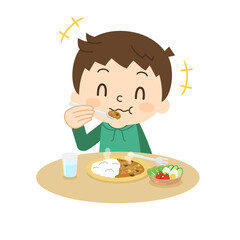 笑顔で食事をする男の子 カレーライス