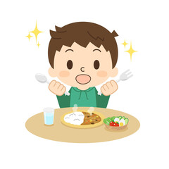 笑顔で食事をする男の子 カレーライス