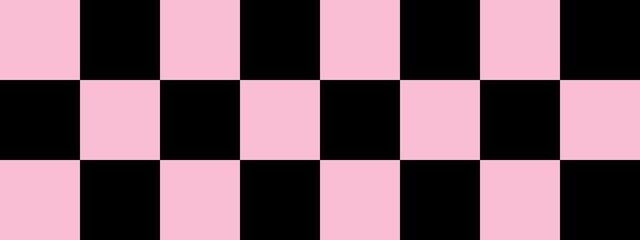 Checkerboard banner. Black and Pink colors of checkerboard. Big squares, big cells. Chessboard, checkerboard texture. Squares pattern. Background.