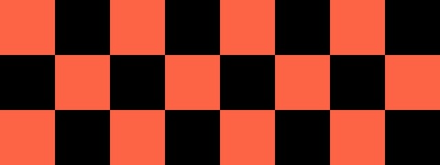 Checkerboard banner. Black and Tomato colors of checkerboard. Big squares, big cells. Chessboard, checkerboard texture. Squares pattern. Background.