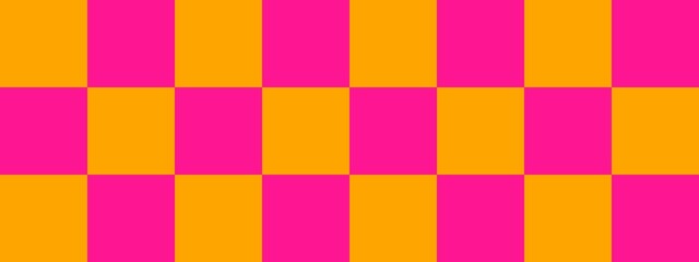 Checkerboard banner. Deep pink and Orange colors of checkerboard. Big squares, big cells. Chessboard, checkerboard texture. Squares pattern. Background.