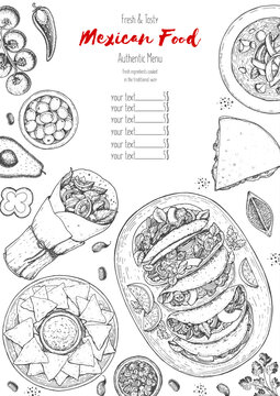 Mexican food top view frame. A set of mexican dishes with burritos, quesadillas, fajitas. Food menu design template. Vintage hand drawn sketch vector illustration. Mexican cuisine engraved image.