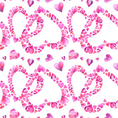 Seamless watercolor pattern with pink hearts isolated on white background. Romantic decorative background perfect gift paper or textile.