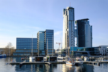 Skyscrapers on waterfront with marina in Gdynia, Poland